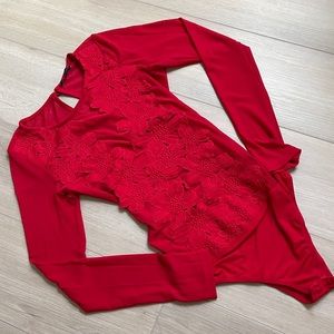 Red mesh long sleeve bodysuit